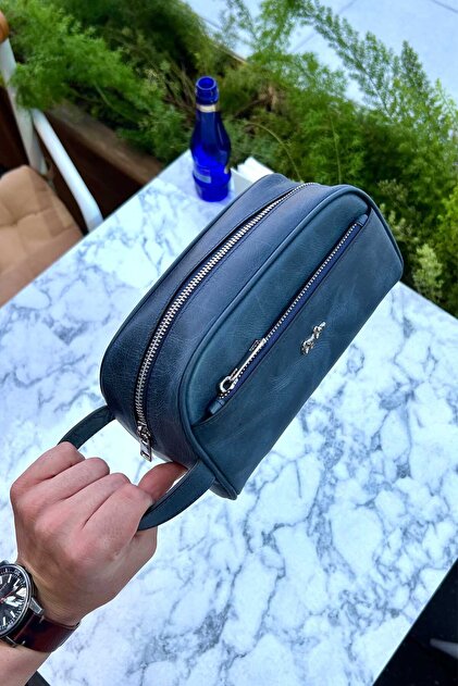 Marble Antique Navy Blue Genuine Leather Men's Handbag (Daily-Travel-Sports-Shaving Care)