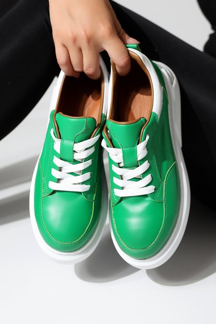 100% Leather Thick Sole Full Mold Green Comfortable Women's Sports Shoes Sneaker