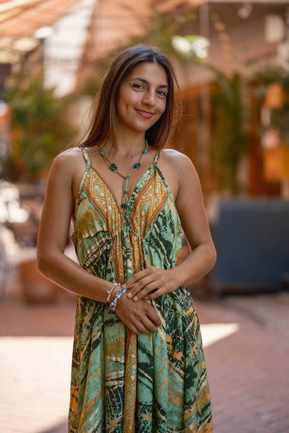 Green Color Gold Detailed Front Back V Neck Ruffle Detailed Silk Dress