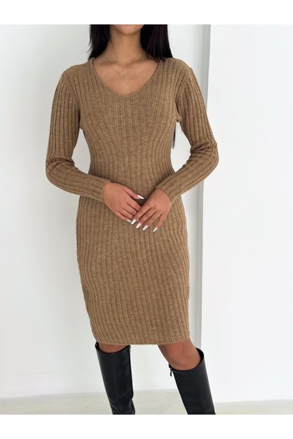 V Neck Twill Knitwear Dress