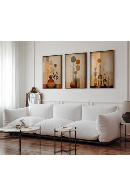 3'lü Ahşap Çerçeveli Tablo Seti Boho Abstrack