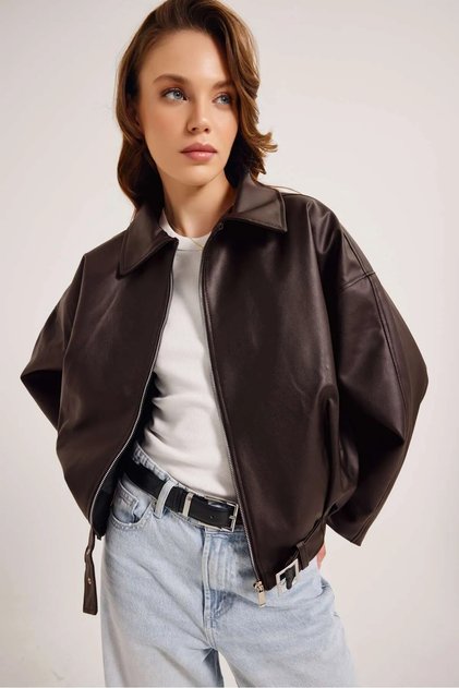 Yeni Sezon Suni Oversize Bomber Deri Ceket