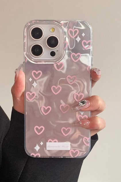 Apple iPhone 16 Pro Max Compatible Hologram Pink Heart Pattern Silicone Case Shockproof, Cover