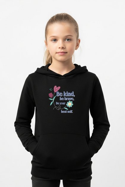 Hooded Kangaroo Pocket Baby Kind Brave Printed Detail Girl's Sweatshirt