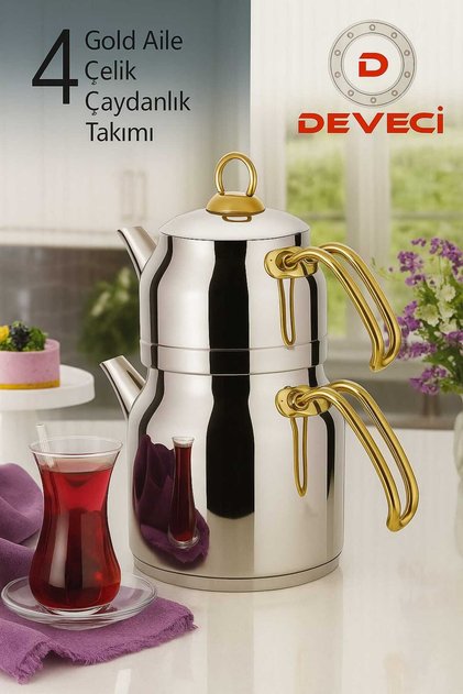 GOLD SAPLI AİLE ÇELİK ÇAYDANLIK TAKIMI