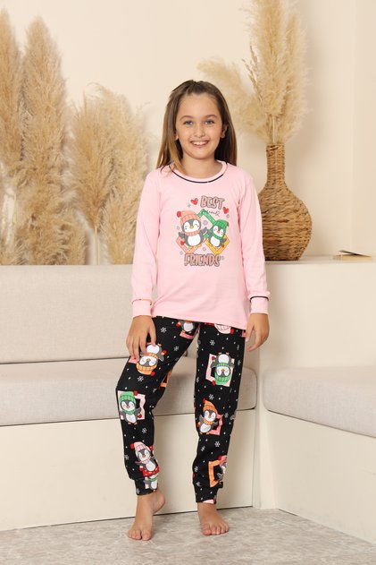 New Year's Themed Penguin Patterned Girl's Pajama Set - Red