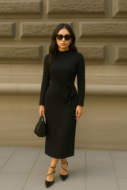 Women's Long Sleeve Side Tie Detail Turtleneck Slit Dress