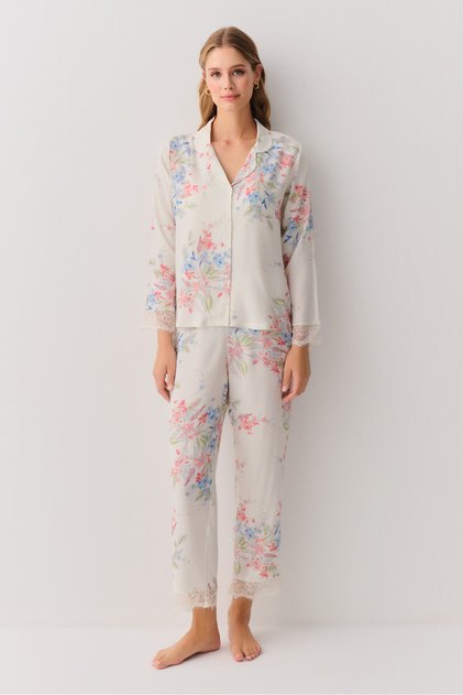 Flower Shirt Collar Pajama Set