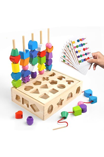 3-in-1 Wooden Montessori Sorting and Lacing Toy Set, Geometric Shape Matching Bead Sequencing