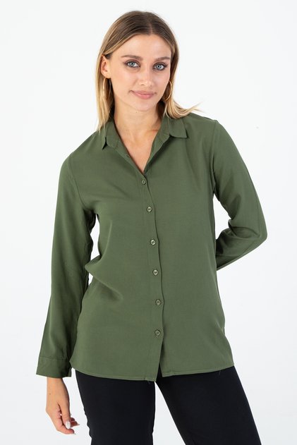 Women's Khaki Basic Long Sleeve Button Stylish Shirt - Classic Stylish