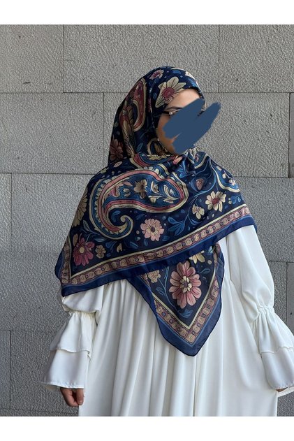 Pamuklu Flora Desen Eşarp-Lacivert