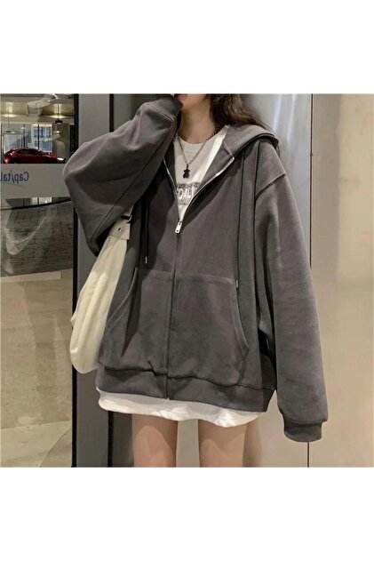Smoked Oversize Zippered Hooded Thick Sweatshirt