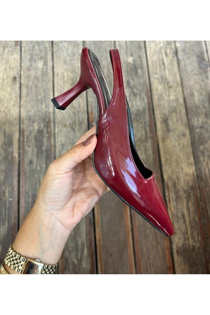 Women's Burgundy Patent Leather Thin Short Goblet Heeled Comfortable Pointed Toe Slingback Stiletto Heeled Shoes