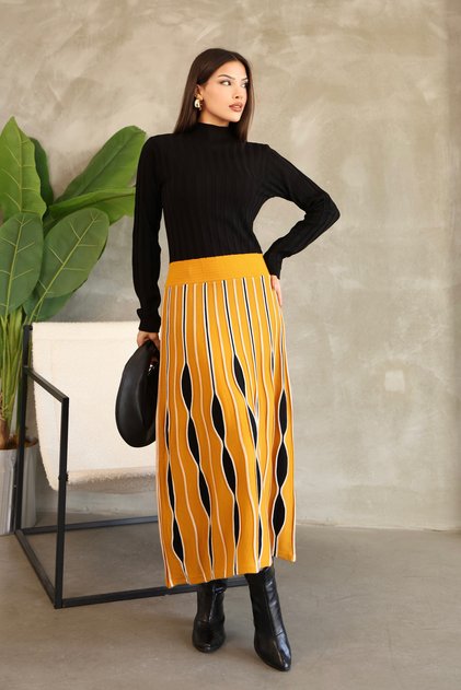 Half Fisherman's Collar Long Sleeve Elastic Waist Drop Pattern Pleated Midi Ankle Length Knitwear Dress