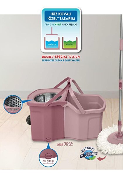 Flora Twin Turbo Pedallı Çelik Mop Set, Temiz ve Kirli Suyu Ayıran