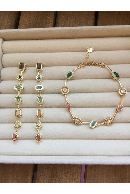Gold Renkli Taşlı Element Model Bileklik Küpe 2li Set