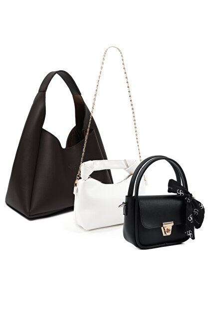 Brown / White / Black Shk248 Faux Leather Hand, Arm and Shoulder 3-Piece Bag Set (Shk19-Shk24-Shk235)