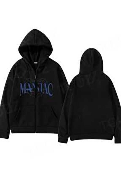 Touz Stray Kids Baskılı Oversize Fermuarlı Siyah Unisex Kapüşonlu