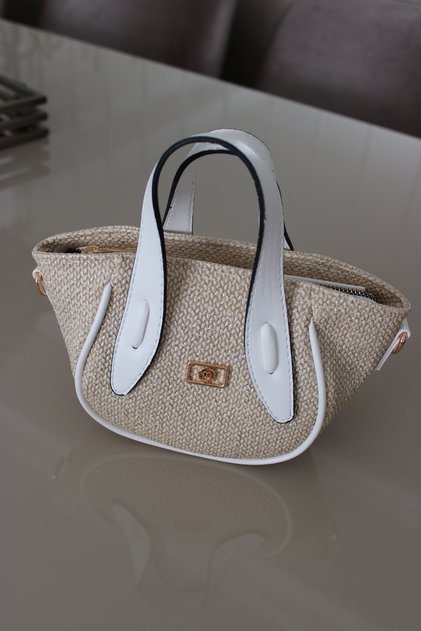 Women's Straw Look White Mini Elegant Hand and Shoulder Bag Faux Leather