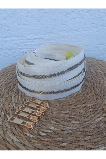 Cream T6 Gold Teeth Bone Zipper Gold Head - 5 Meters Zipper - 5 Heads