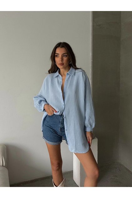 Kadın Bebe Mavisi Müslin Kumaş Premium Gömlek