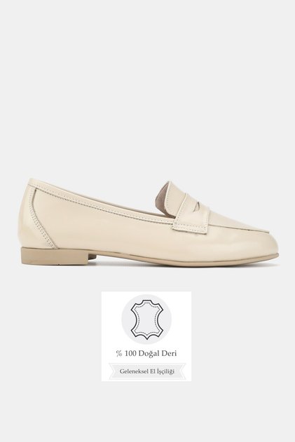 Women's Beige Patent Leather Khaki Natural Leather Loafer Ballet Shoes, Size 36-41