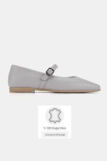 Women's Gray Khaki Natural Leather Buckle Strap Flat Shoes, Size 36-41