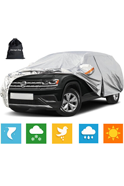 Prelată auto gri cu 6 straturi, impermeabilă, pentru toate anotimpurile, husă de protecție completă, 450x183x143 cm