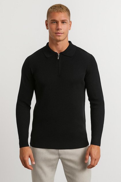Men's Full Mold Solid Color Polo Neck Zippered Long Sleeve Knitwear Sweater - Lp903