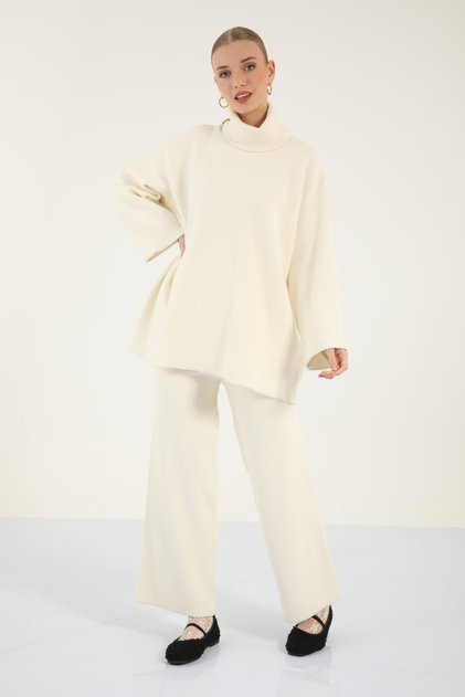 40938 - Stylish Comfortable Knitwear Fisherman Collar Top and Bottom Set