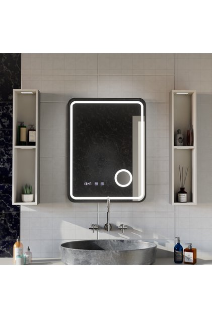 Oglinda LED Touch Ulrich Sistem Dezaburire, Ceas si Temperatura 75x90 cm Rama Negru Brushed Lupa Cosmetica