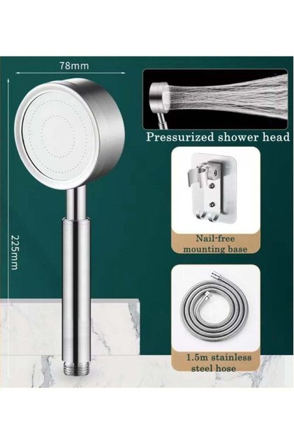 1-Set Of 3 Piece Bathroom Pressurized Shower Head Set Stainless Steel Silver 6.5x22.5 Centimeter