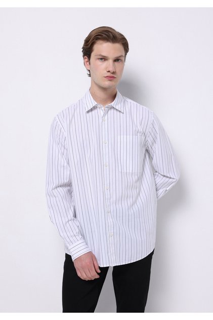 Comfort Fit Shirt Neck Striped Men's White Long Sleeve Shirt