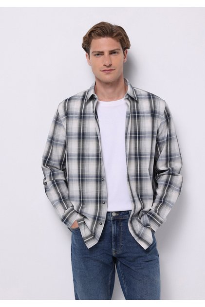 Regular Fit Shirt Neck Checked Men's Gray Long Sleeve Shirt