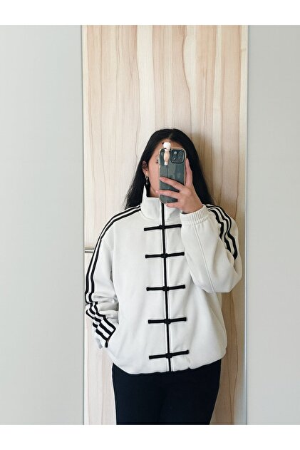 Gofeel Y2k Üç Çizgili Beyaz Vintage Oversize Unisex Ceket (3 iplik