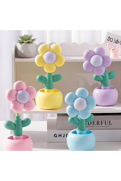 USB Şarjlı Çiçek Tasarımlı LED Masa Lambası – Kalemlikli Gece Lambası-Mor