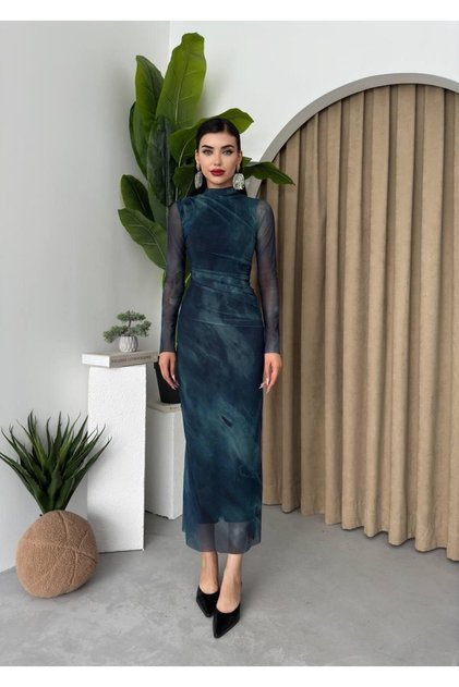 Mirena Tül Tasarım Uzun Kollu Midi Elbise