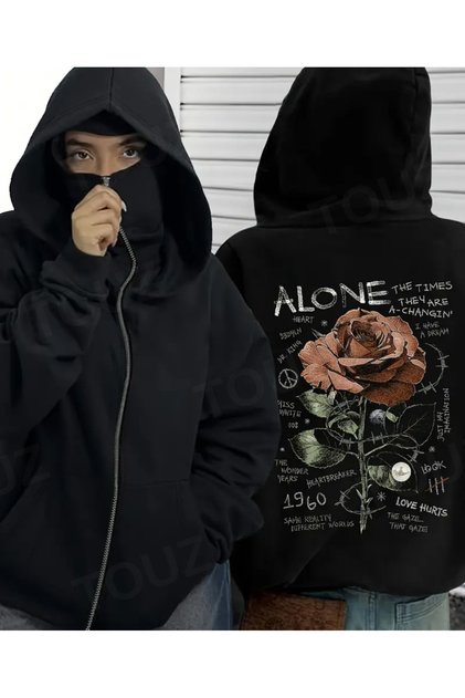 Oversized Zippered Black Unisex Hooded Cardigan with Mask Detail