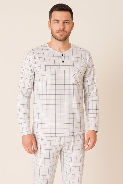 Wide Fitted Plaid Patterned Judge Collar Men's Pajama Set in Cotton Fabric