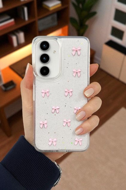 Samsung A36 Compatible - Pink Bow Patterned, Shiny Glitter, Transparent Soft Silicone Case