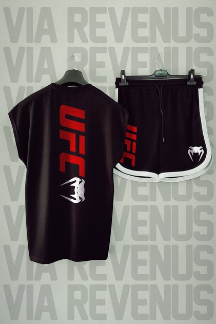 Ufc Front and Back Printed Zero Sleeve Sports Tshirt and Custom Sports Shorts Set