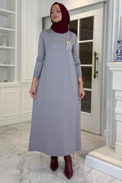 Gözde Brooched Knitwear Dress Gray