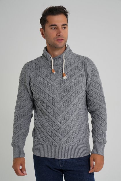 Trist Star Men's Gray Tree Patterned Pipe Collar Wool Sweater Trist-5349
