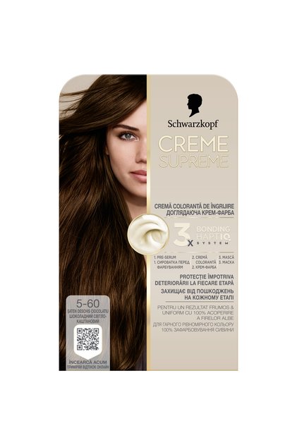 Vopsea de par permanenta cu amoniac Schwarzkopf Creme Supreme, 5-60 Saten Deschis Ciocolatiu, 182 ml