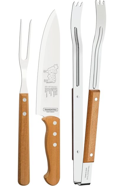 3-Piece Barbecue Tool Set – Stainless Steel Blades with Natural Wood Handles, Includes