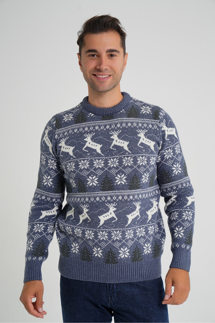 Trist Star Men's Indigo Cycling Collar Jacquard Deer Wool Christmas Sweater Trist-5360
