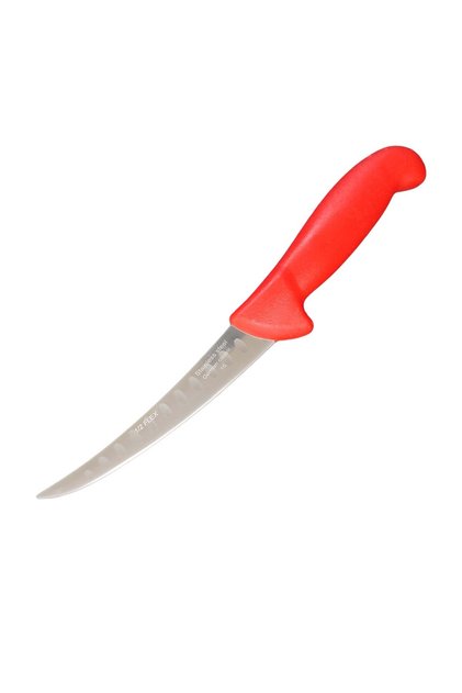 Cuțit de măcelar cu lamă semiflexibilă de 15 cm, curbată, cu alveole, oțel german, mâner antiderapant roșu