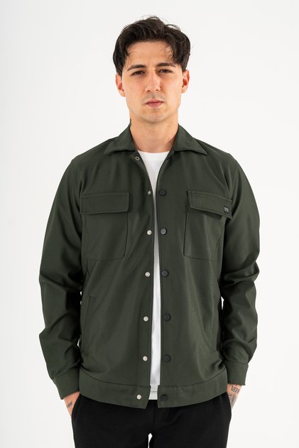 Men's Stretch Fabric Shirt Jacket Casual Fit Double Flap Pocket Snap Closure 4 Pockets Khaki