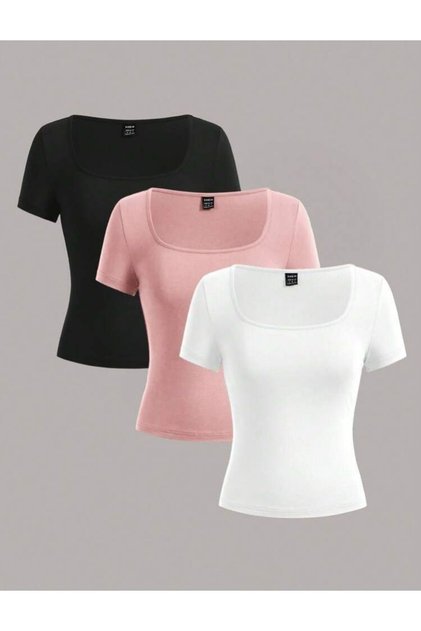 Women's 3-Pack Ribbed Camisole Body-Hugging Square Neck Crop T-Shirt