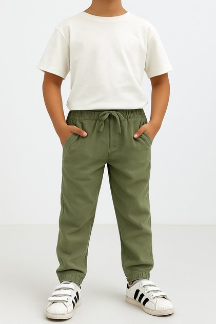 Erkek Çocuk Çağla Yeşili Jogger Pantolon Keten Görünümlü Cepli Günlük Rahat Fit